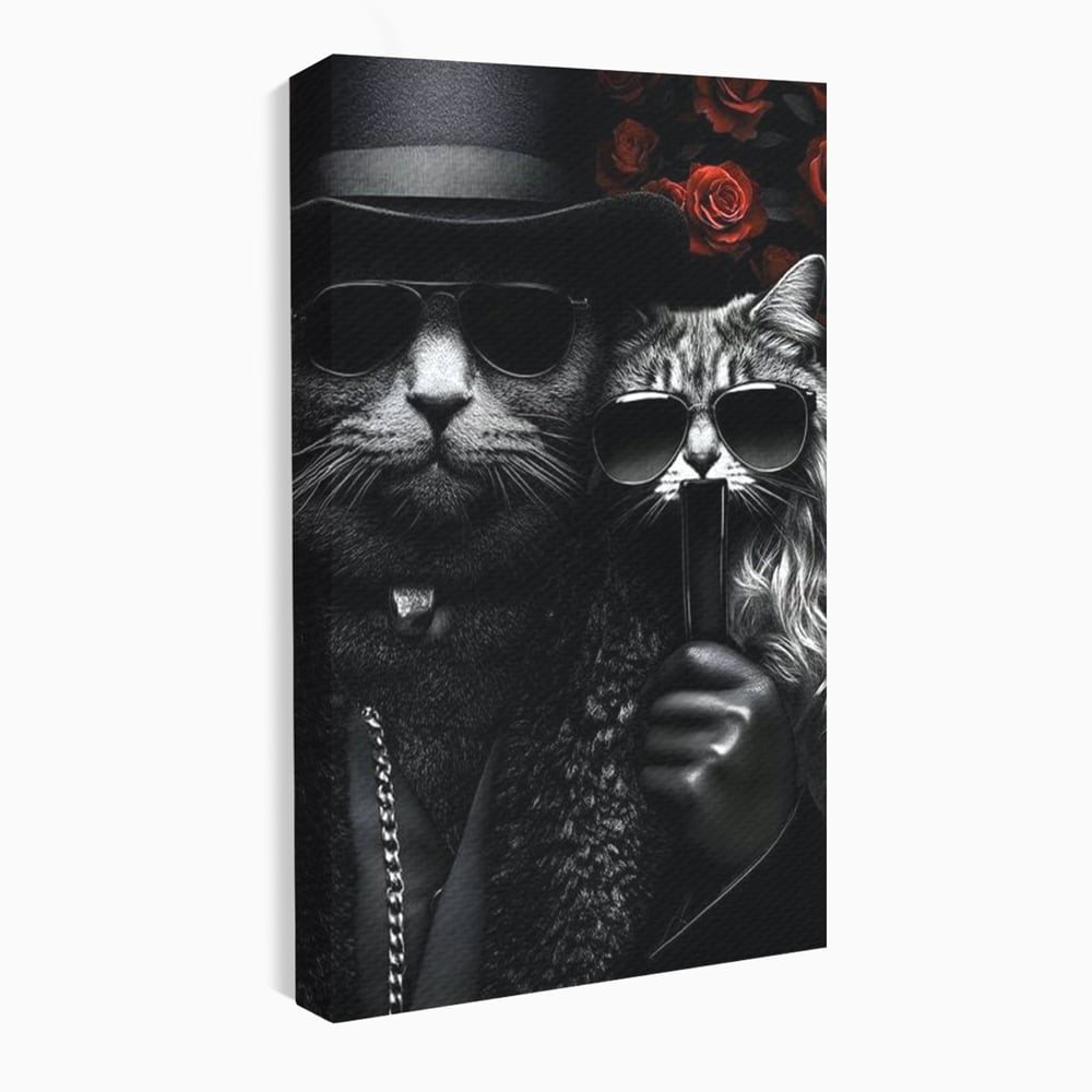Tablou canvas cu tablou canvas cu pisici gangster in ochelari, fara rama, pe sasiu de lemn